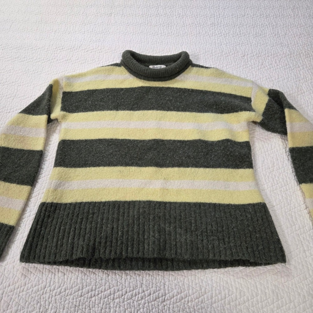 Madewell Striped Turtleneck Sweater XS Grey Yellow Wool Alpaca Blend Ribbed Knit